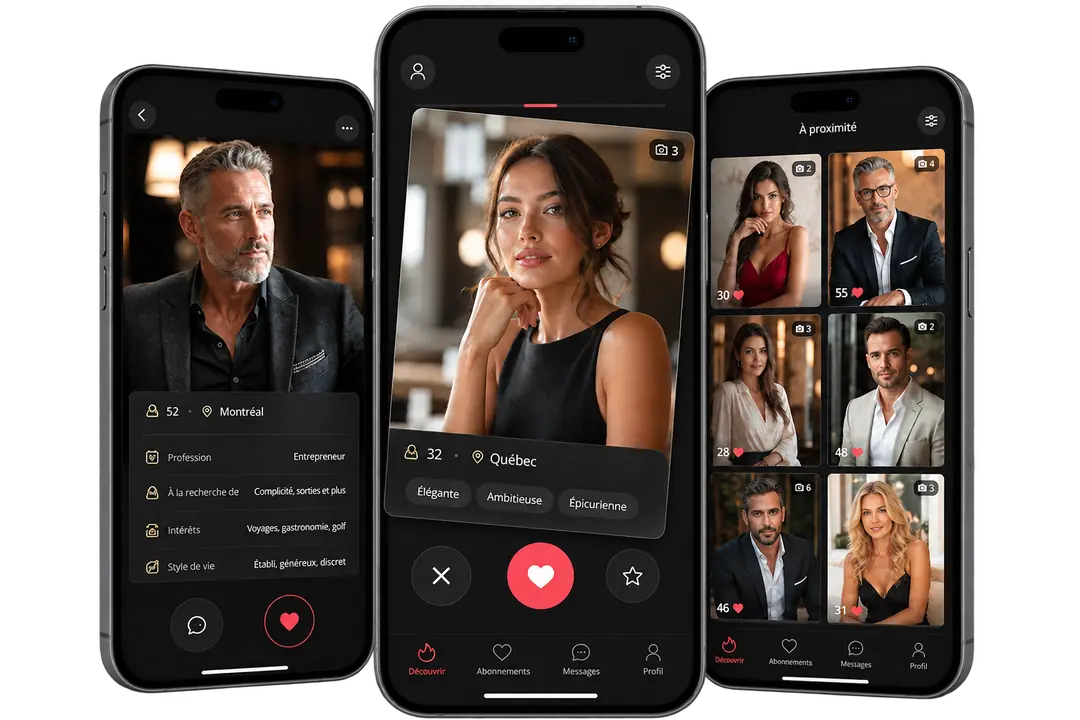 Écrans de profils et de découverte de l’application Sugar Daddy Québec