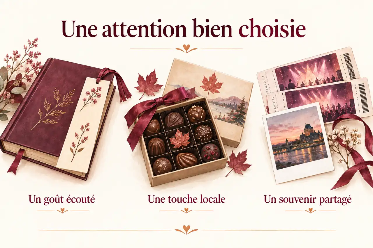 Trois idées de cadeaux symboliques : un livre, des chocolats québécois et un souvenir partagé.