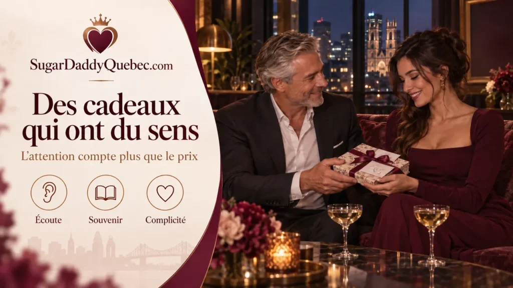 Un Sugar Daddy remet un cadeau symbolique à une Sugar Baby dans un salon montréalais.