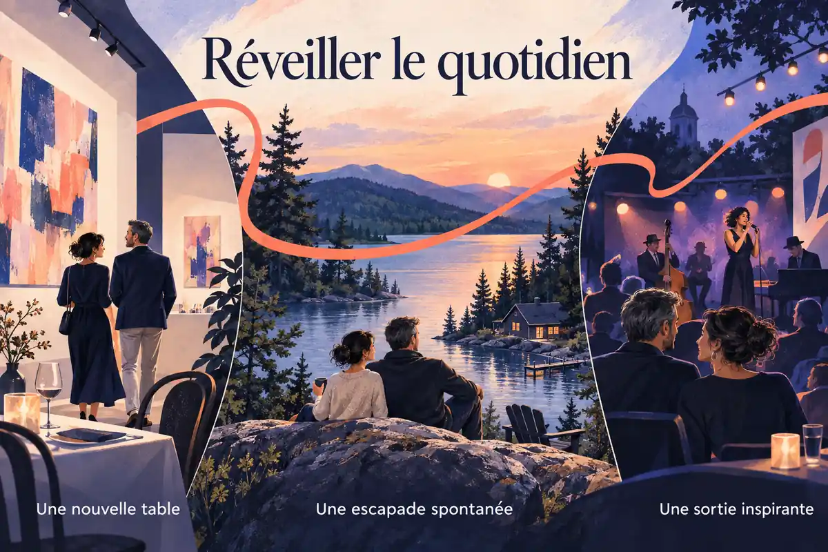 Couple découvrant un restaurant, une escapade dans les Laurentides et une soirée musicale au Québec